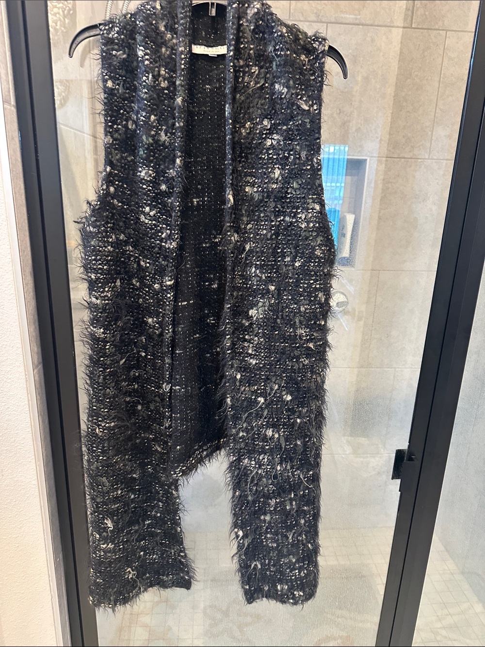 bryn Walker Black Textured Fuzzy Open-Front Sweater Vest with Silver Flecks